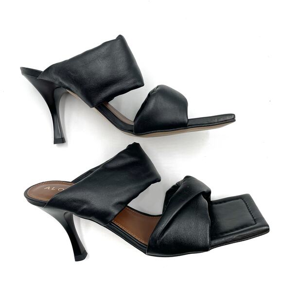 Alohas Puffy Twist Strap Sandals Black Leather Square Toe Heels Sz 38 / 7 - Picture 4 of 8